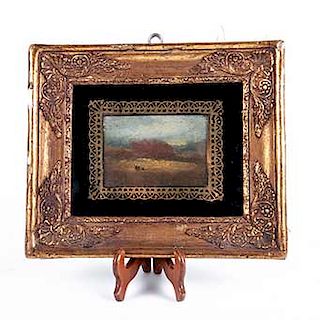 Anónimo. Finales del siglo XIX. Vista de paisaje con campesinos. Óleo sobre lienzo. Enmarcado en madera tallada. 6 x 8.5 cm