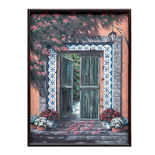 Firmado Riyard. Vista de puerta con flores. Óleo sobre tela. Firmado y fechado 92. Enmarcado. 39 x 29 cm