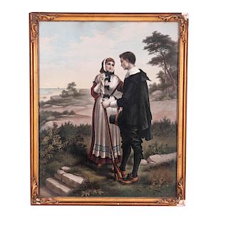 Litografía coloreada. Siglo XX. "John Alden and Priscilla´s courtship". Enmarcada. Presenta detalles de conservación y faltantes.