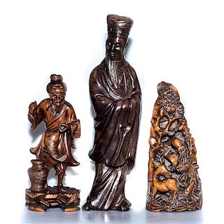 2 ASIAN THEMED WOOD CARVINGS AND 1 CERAMIC FIGURINE