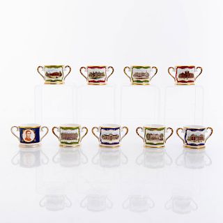 9 ROYAL DOULTON MINIATURE LOVING CUPS, BIRTHPLACES