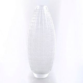 LARGE CRYSTAL FROSTED ART FLOWER VASE W. CHECK PATTERN