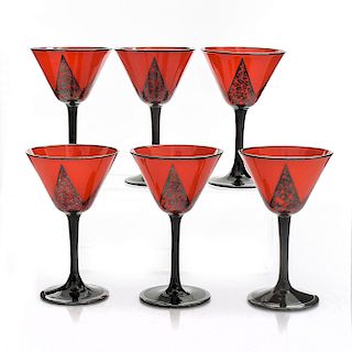 6 FIRE ENGINE RED ART DECO COCKTAIL GLASSES