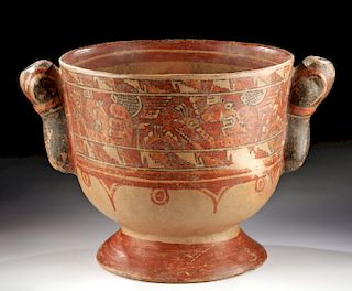Large Costa Rican Polychrome Bowl w/ Zoomorphic Handles