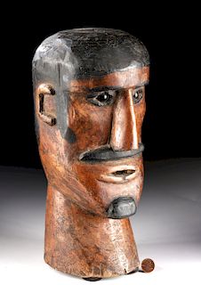 19th C. Mexican Painted Wood Male Head w/ Glass Eyes