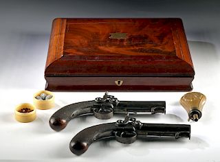 19th C. British Dueling Pistols + Accessories, Case