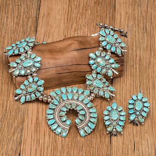 Navajo Silver and Turquoise Squash Blossom Necklace and Earrings, Proceeds to benefit ATADA