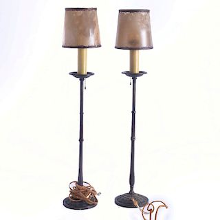 2 SLIM GOTHIC STYLE BRONZE LAMPS WITH RAWHIDE SHADES