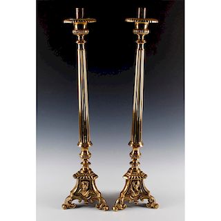 PAIR OF TALL SOLID BRASS CHURCH OR ALTAR CANDLESTICKS