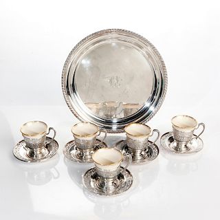 STERLING SILVER SERVING TRAY, TEA CUPS WITH SAUCERS