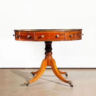 DRUM STYLE GAME TABLE WITH GILT AND TOOLED LEATHER TOP