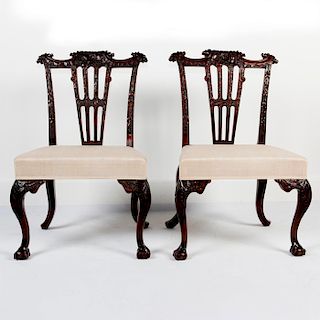 2 BASSO FLORAL RELIEF CHAIRS WITH CHIPPENDALE LEGS
