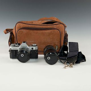VINTAGE CANON AE-1 SLR IN BAG, PRIME AND TELEPHOTO LENS
