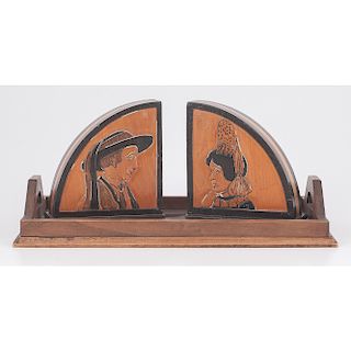 French Carved Wooden Bookends and Tray