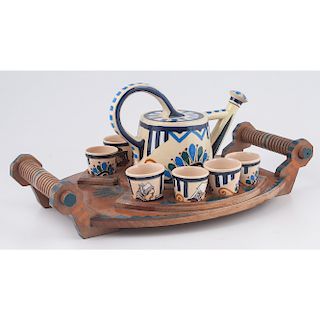 Henriot Quimper Tea Set on Painted Wooden Tray