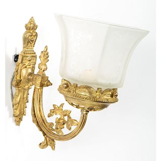 Gilt Metal Wall Sconces with Etched Shades