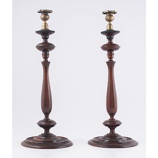 English Turned Wood Candlesticks with Brass Tops