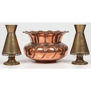 English Brass Spill Vases and Copper Jardiniere