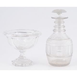 Cut Glass Decanter and Etched Compote with Hunt Scene