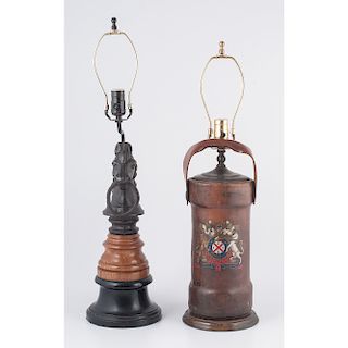 Leather Fire Bucket and Hitching Post Lamps