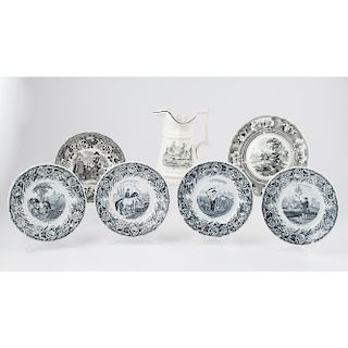 Black Transferware Plates and Pitcher
