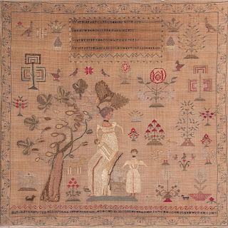 Pictorial Needlework Sampler with Mother and Children