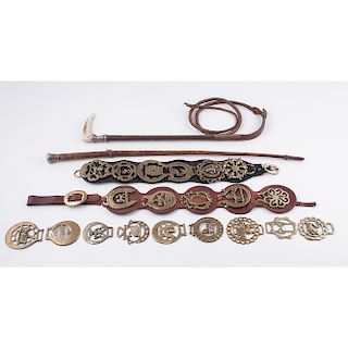Equestrian Accessories, Including Brasses, Riding Crops, and Decorative Plaque