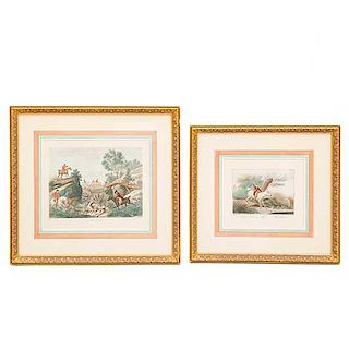 Lote de 2 obras gráficas. C. Vernet y Jazel. "La Chalse au Renard" y "L'Halali". Grabados coloreados. Enmarcados. 24 x 27 y 19 x 21 cm.