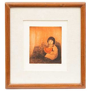 Antonio González Orozco. Niña con sandía. Firmado y fechado 93. Grabado 15/50. Enmarcado en madera tallada. 14 x 12 cm.