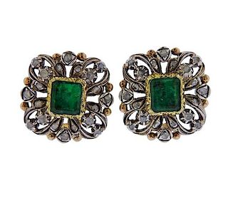 18K Gold Silver Diamond Green Stone Earrings