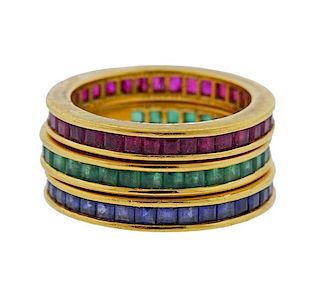 18K Gold Sapphire Ruby Emerald Band Ring Lot of 3