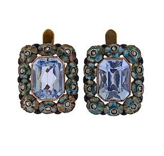 18K Gold Silver Diamond Enamel Blue Stone Earrings