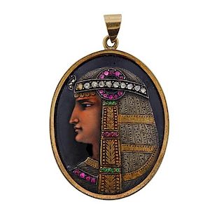 Antique 14K Gold Diamond Enamel Egyptian Portrait Pendant