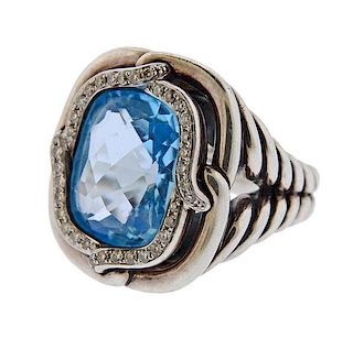 David Yurman Sterling  Diamond Blue Topaz Ring
