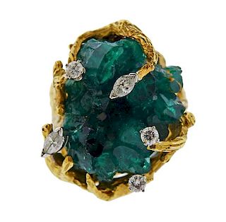 1960s 18K Gold Chatham Emerald Diamond Cocktail Ring