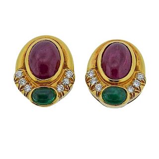 18k Gold  Diamond Ruby Emerald Cabochon Earrings