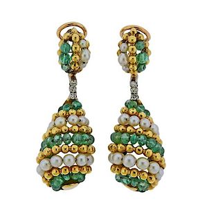  Mid Century 18K Gold Diamond Pearl Emerald Earrings