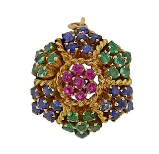 18K Gold Ruby Emerald Sapphire Charm Pendant