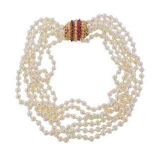Mid Century 14K Gold Ruby Sapphire Pearl Multi Strand Necklace