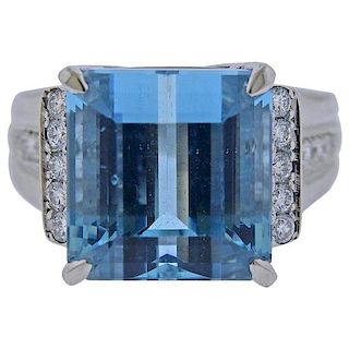 Platinum Diamond  Aquamarine Ring 