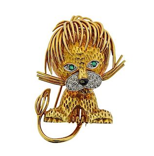 18K Gold Diamond Emerald Enamel Lion Brooch Pin