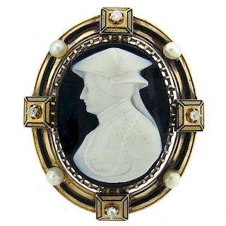 Antique 14k Gold  Diamond Natural Pearl Hardstone Cameo Brooch