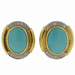 David Webb 18K Gold Platinum Turquoise Diamond Oval Earrings