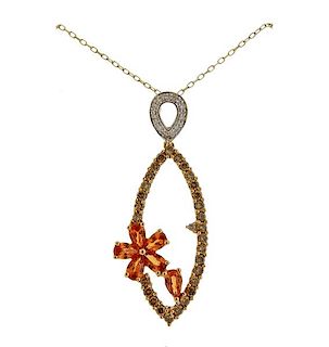 10K Gold Fancy Diamond Orange Gemstone Pendant Necklace