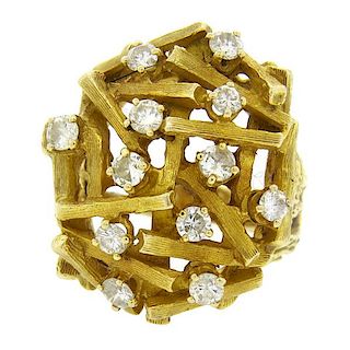 1970s 14K Gold Diamond Sticks and Stones Cocktail Ring