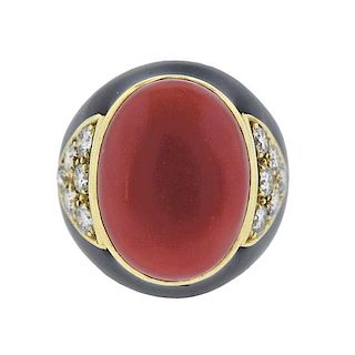 18K Gold Red Coral Diamond Enamel Ring