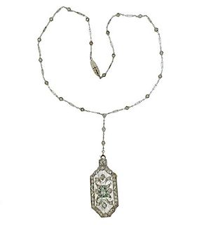 Art Deco Platinum Diamond Emerald Pendant Brooch Necklace