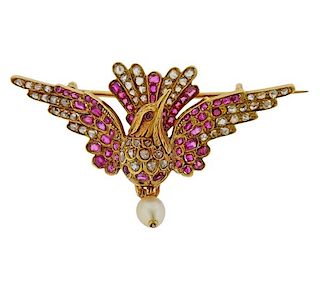 18K Gold Diamond Ruby Pearl Bird Brooch Pin