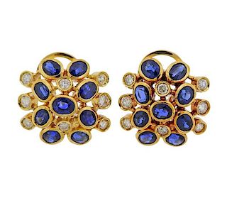 18K Gold Diamond Sapphire Hoop Earrings