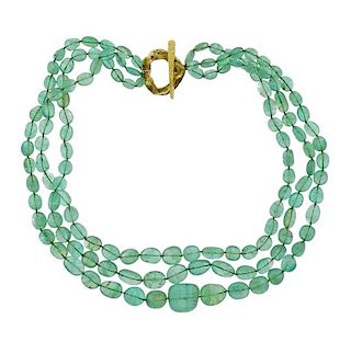 18K Gold Clasp Emerald Three Strand Necklace